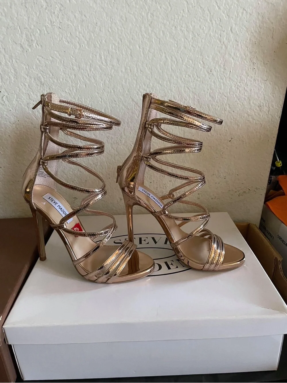 Steve Madden Metallic Rose Gold Strappy Cage Heels